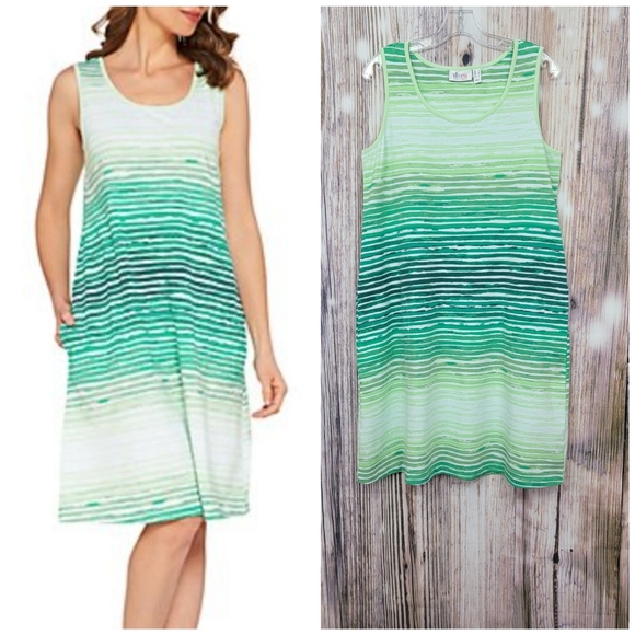 Denim&Co Dresses & Skirts - Denim & Co Green Watercolor Stripe Pocket Dress